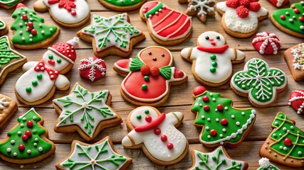 Fototapeta premium Holiday cookies with a detailed black outline, showcasing a variety of festive shapes like stars, gingerbread men, and snowflakes, decorated with icing and sprinkles, symbolizing holiday traditions.