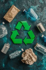 Vibrant Eco-Friendly Recycling Symbol Surrounded by Recyclable Materials on Teal Concrete Surface - Sustainable Living Concept
