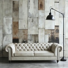Elegant White Leather Chesterfield Sofa in Interior with Rustic Wooden Wall and Stylish Lamp.