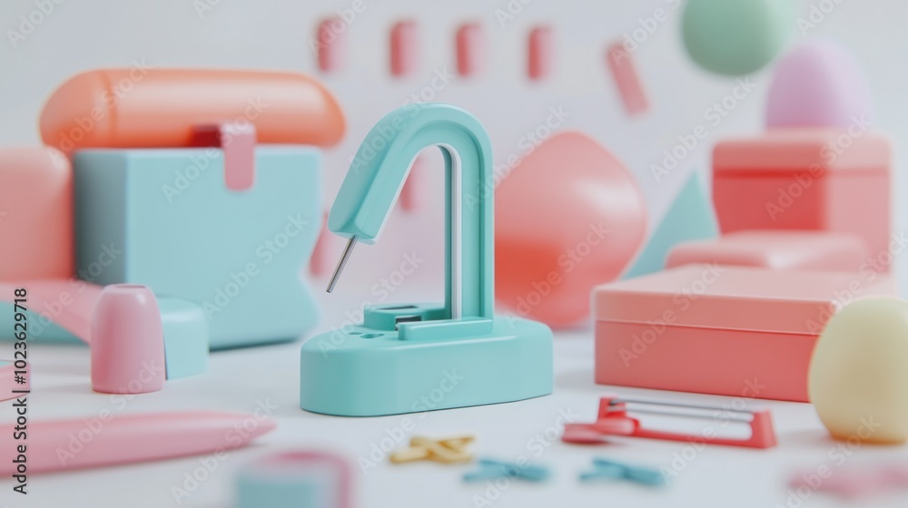 Poster pastel-colored objects with a blue stapler in focus