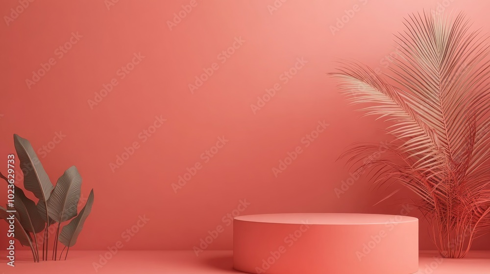Poster 3d rendering of a minimal podium pedestal stand in a soothing coral color