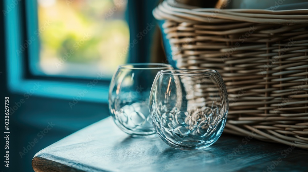 Poster Close Up of Inverted Glasses on a Table with a Wicker Basket in the Background
