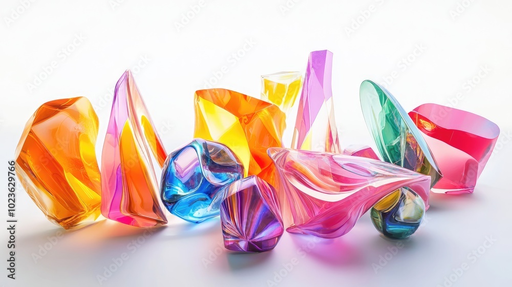 Aufkleber 3D rendering of abstract geometric forms with a variety of vibrant glass elements set against a white background