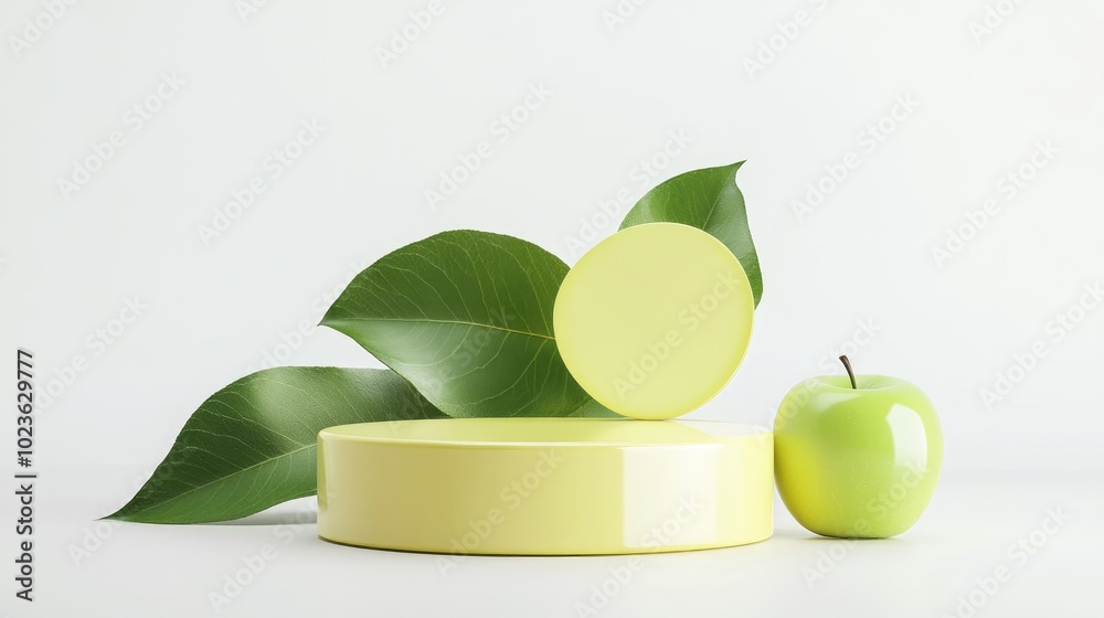 Poster 3D mockup design for beverage display featuring a yellow podium green apple and green leaf against a white background Clipping paths for each element are included 3D rendering illustration
