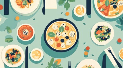 A Long Table Filled With Traditional Italian Cuisine Featuring A Large Bowl Of Pasta At The Center Surrounded By Smaller Bowls Of Salad And Antipasti
