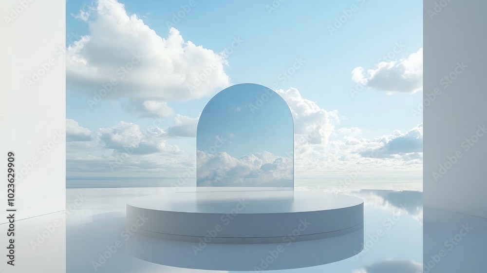 Poster 3d mock up podium with a mirrored sky white tones create a modern platform for showcasing products o