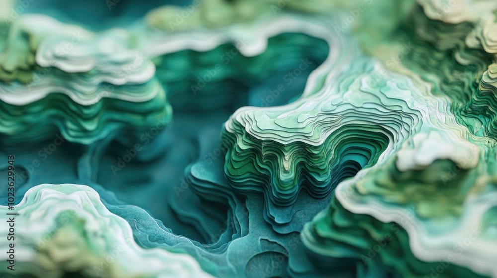 Poster 3d rendering of a map featuring shades of green and blue