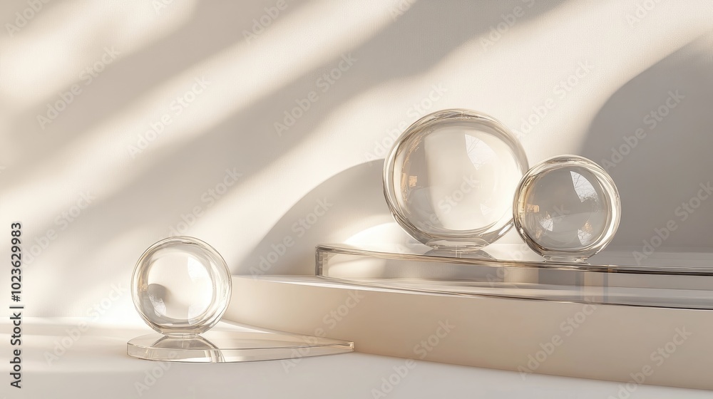Poster 3d rendering of a podium or platform featuring glass spheres designed for retail advertising and bus