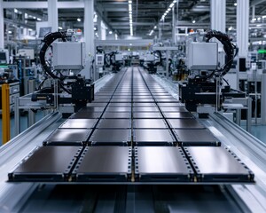 Symmetrical Close-Up Robotic Assembly Line in High-Tech Factory - Precision Manufacturing Concept