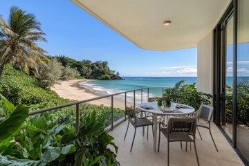 Fototapeta premium Serene Oceanview Balcony Paradise Luxurious Coastal Retreat with Turquoise Waters and Sandy Beach - Tropical Escape for Relaxation and Inspiration