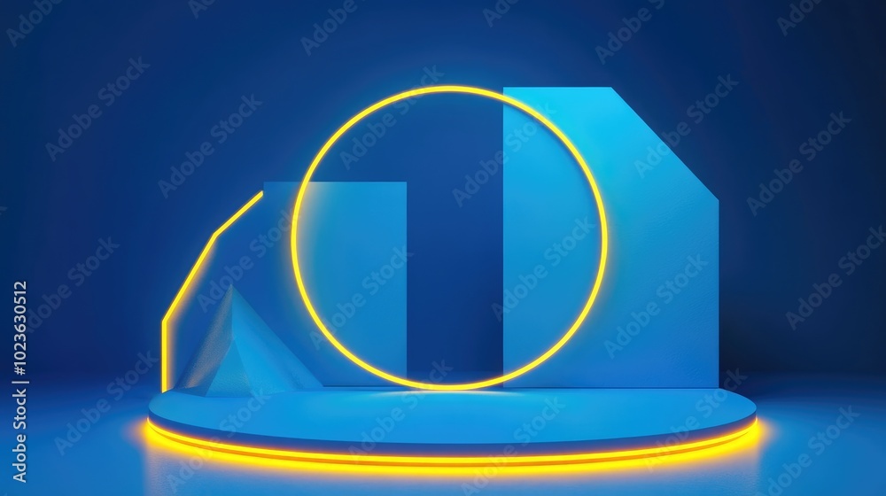 Aufkleber 3D render featuring a blue background with abstract geometric shapes illuminated by yellow neon light A contemporary minimalist setting suitable for product display