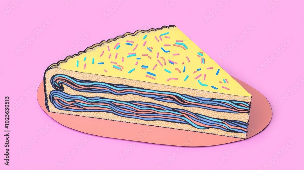 Poster Cake on a Pink Background Triangular Slice of Cake on a Paper Surface Close Up of Sweets
