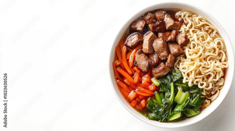 Aufkleber Bowl of Asian noodles with pork vegetables and mushrooms viewed from above with empty space for text