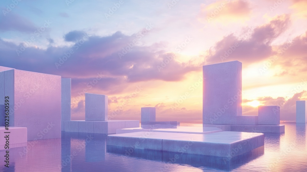 Poster 3D rendering of an abstract surreal pastel landscape featuring architectural elements and geometric shapes complemented by a beautiful gradient sky and a tranquil lake
