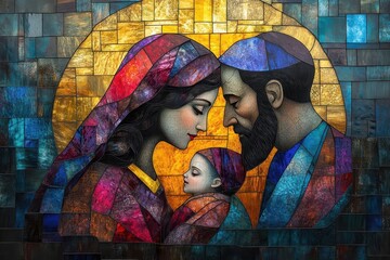 Sacred Bond: Stained Glass Mosaic Depicts Holy Family in Vibrant Hues of Devotional Artistry