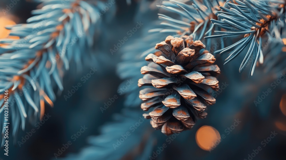 Poster close up of a pine cone on tree branch