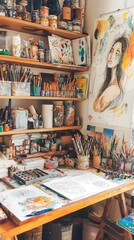 Creative Studio Space with Wooden Shelving and Art Supplies