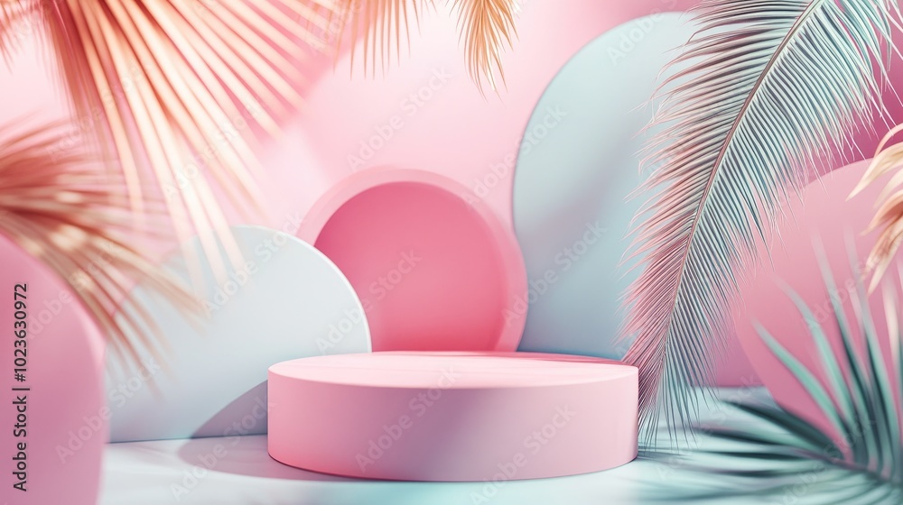 Aufkleber 3D rendering of a podium display in a boho style featuring abstract shapes and palm leaves Minimal pastel background designed for showcasing cosmetics and products