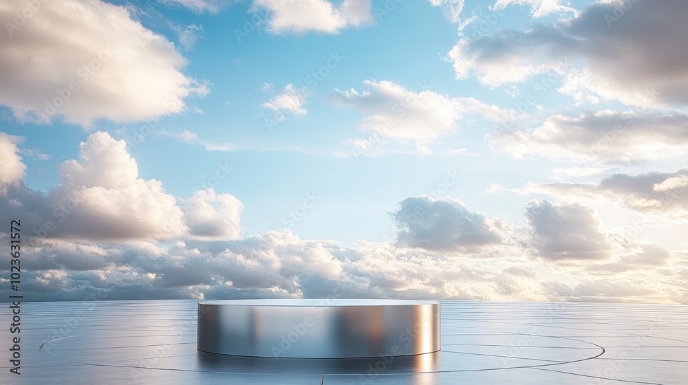 Poster 3D rendering of a metallic podium against a sky backdrop designed for display or promotional use 3D illustration