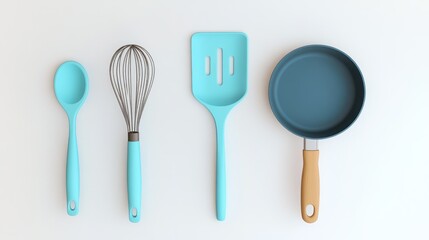 Blue Kitchen Utensils and a Grey Frying Pan