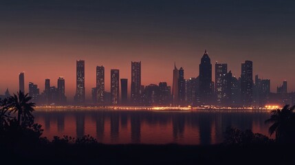 Fototapeta premium Sparkling city, view from the sea with high-rise buildings.