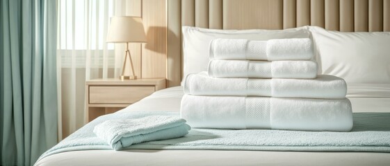 Luxurious White Towels Stack on Bed, Relaxing Hotel Bedroom Scene with Soft Lighting