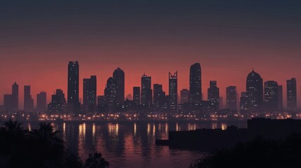 Obraz premium Skyscrapers of the night city, reflected in the sea surface.