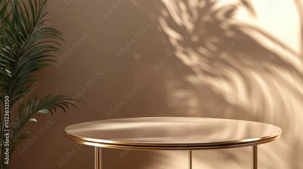 Poster 3D render of an empty space on a round luxury glass table with a golden stand designed for premium product display templates The backdrop features sunlight casting shadows of foliage on a brown wa