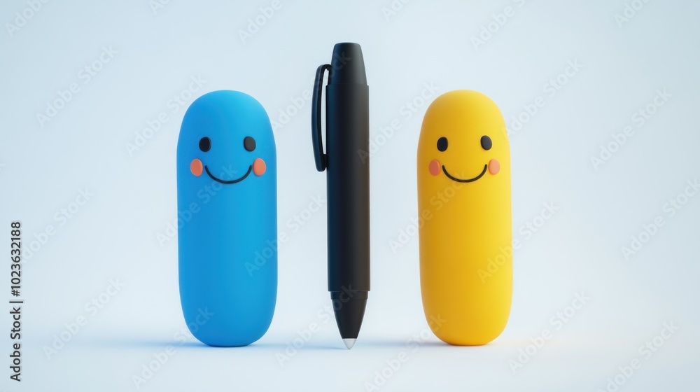 Poster blue and yellow smiling objects with a black pen