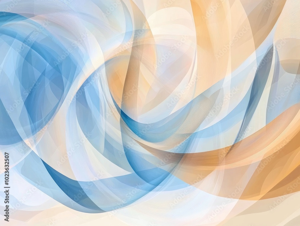 Aufkleber Abstract painting featuring overlapping azure and beige shapes circular chains a light burst smooth lines and translucent forms within a white frame Ideal for wallpaper Vector design