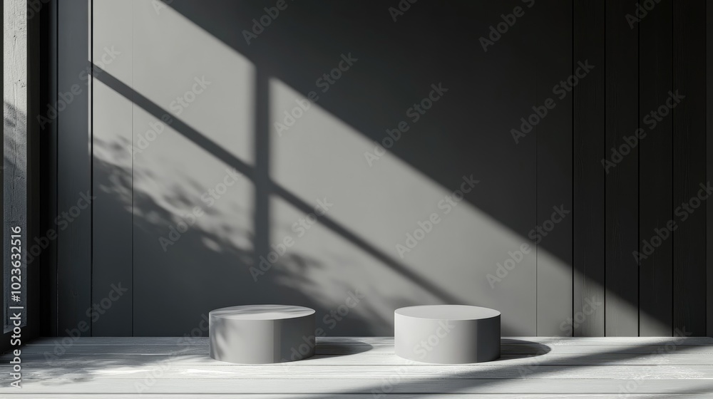Poster 3D render of an abstract grey background featuring a contemporary minimalistic display with two vacant cylindrical pedestals suitable for showcasing products