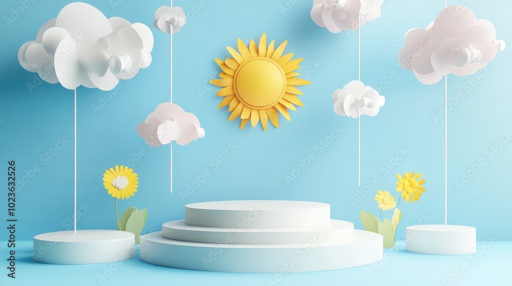 Poster 3d rendered display podiums featuring a charming sun and suspended paper clouds