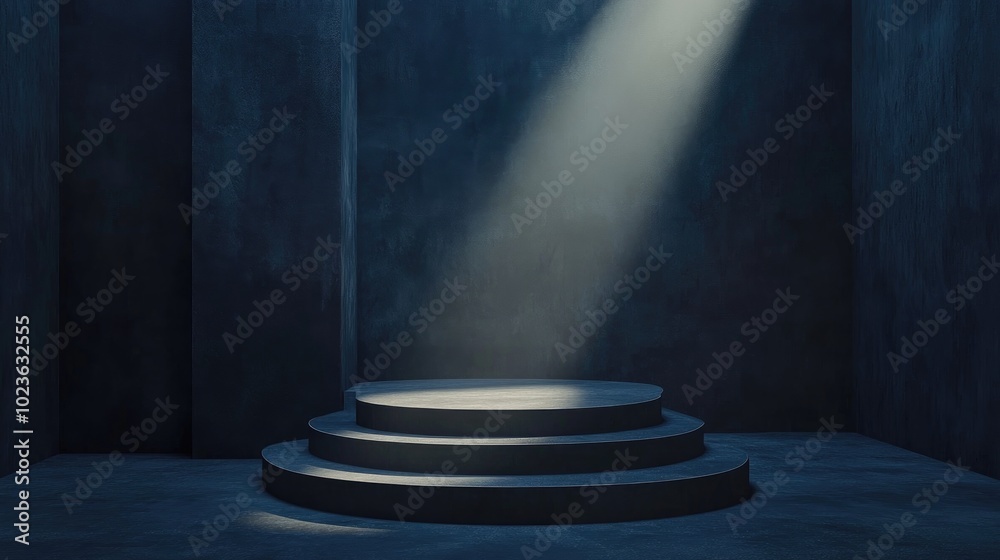 Poster 3D rendering of an abstract minimalist background featuring steps and an empty podium for product display A stylish dark showcase scene highlighted by a bright spotlight