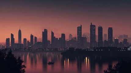 Fototapeta premium Panoramic view of a glittering city with skyscrapers, shot from the sea.