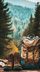Hiking Boots Next to a Packed Backpack in Nature