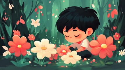 Boy Observing Flowers in a Natural Setting