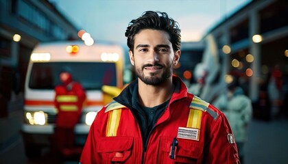 Emergency paramedic in front of ambulance and teammates in the background