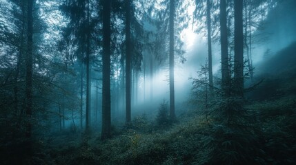 Fototapeta premium Misty Forest with Tall Trees and Sunlight Filtering Through the Canopy