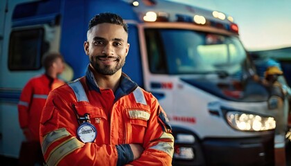 Emergency paramedic in front of ambulance and teammates in the background