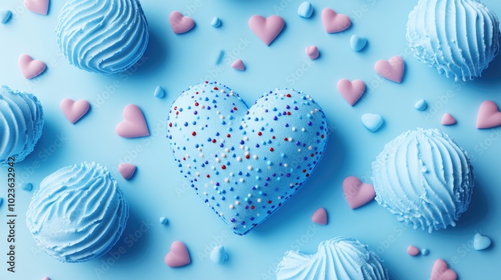 Poster 3d rendering of heart shaped ice cream in blue flat lay composition