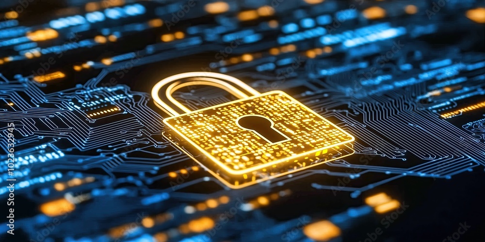 Poster glowing padlock sits on circuit board online security technology background
