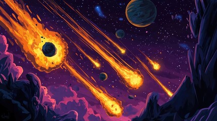 Cartoon depiction of asteroids comets and meteors with trails featuring 2D planets and a vibrant galaxy Visuals include fireball meteorites and stars streaming through a fantastical sky