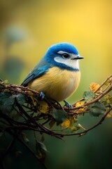 Serene Close-up of Blue Tit Bird on Branch in Soft Natural Setting - Tranquil Wildlife Portrait