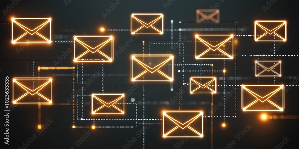 Aufkleber Digital network of glowing tech email icons coonected to eachother communication networking
