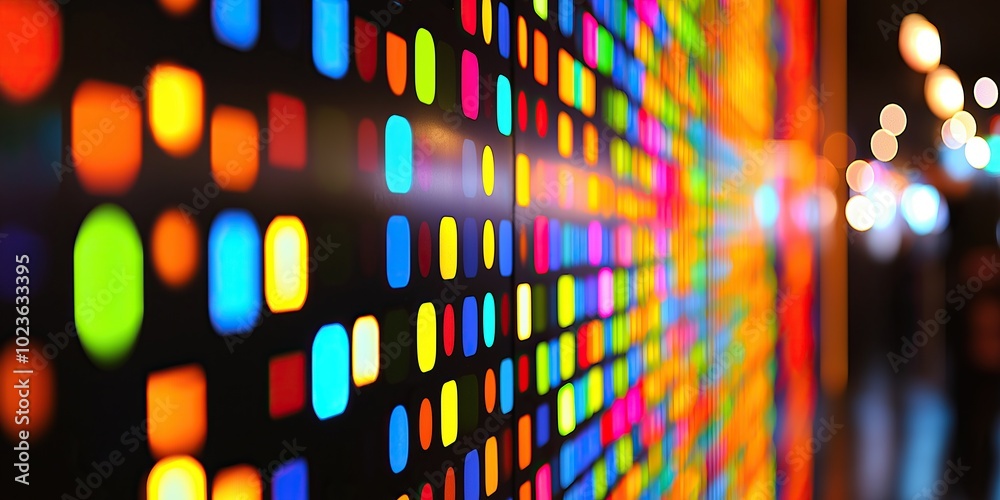 Poster vibrant wall of colorful glowing code bits blocks technology background