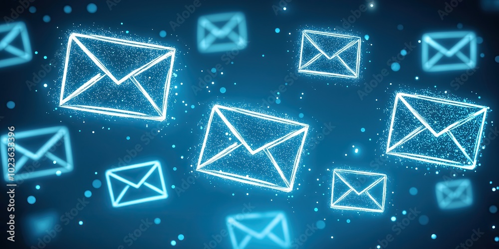 Poster multiple blue glowing email icons netoworking connection communication on dark background