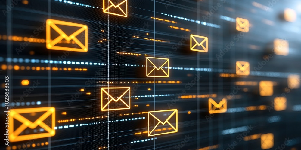Poster Abstract digital tech background with glowing orange email icons connection network communication