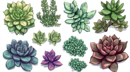 Artistic representation of succulent leaves and flowers featuring sedum varieties