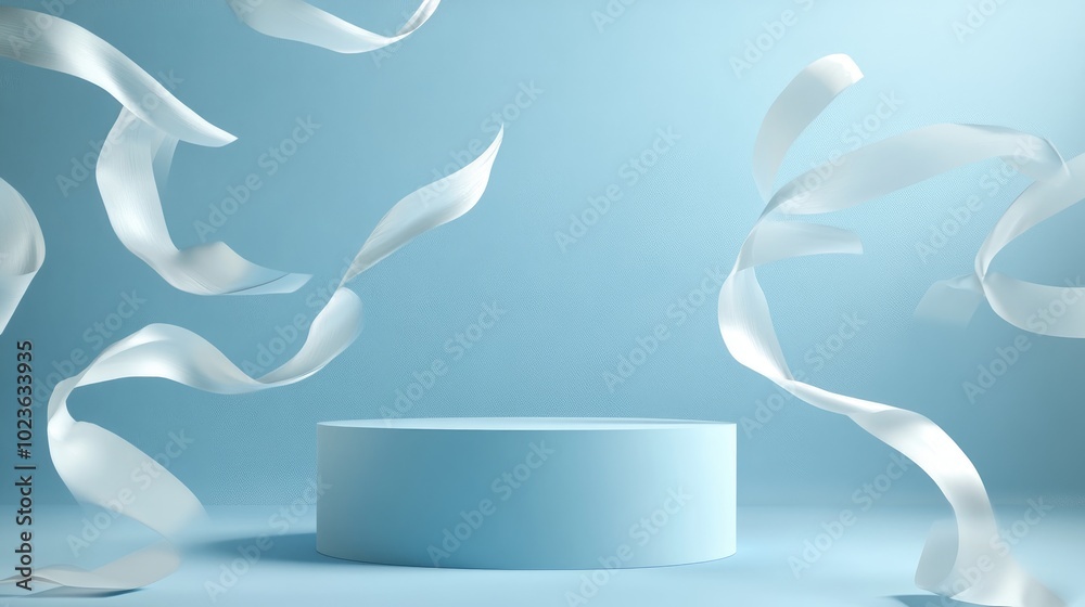 Poster 3D rendering of a contemporary minimal blue backdrop featuring an empty cylindrical podium and a vacant pedestal for product display showcasing a round stage with flowing paper ribbons