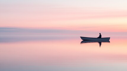 Solitary Figure in a Rowboat at Dawn with a Pink Sky